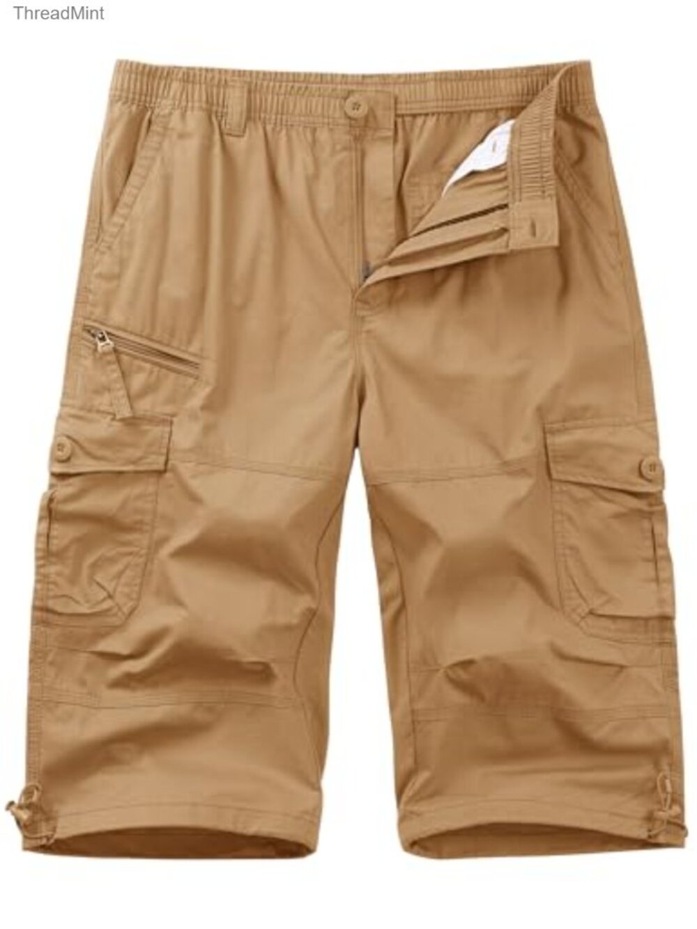 Men's Cotton Cargo Shorts 3/4 Capri Below Knee 7 Pockets Zip Fly